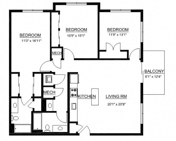 Floor plan for 3 beds, 2 baths, 1445 sqft